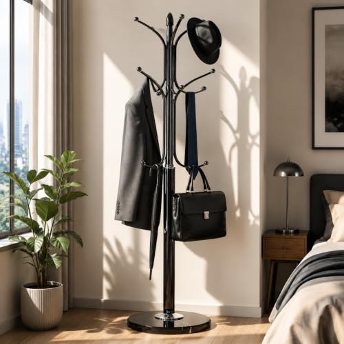 AUTOYSUR Metal Coat Rack Stand with Natural Marble Base, Tree Coat Rack Stand, Free Standing Hall Tree with 12 Hooks for Hanging Scarf, Bag, Jacket, Home Entry-way Hat Hanger Organizer (Black)