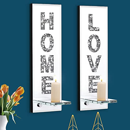 Aeveco Crystal Crush Diamond Mirrored Candle Sconces, Silver Wall Candle Holder Set of 2, Love & Home Letter Wall Decoration for Living Room，Dining Room