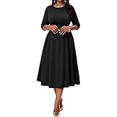 Nmoder Womens Cocktail Dress 3/4 Sleeve Elegant Church Dresses for Women Midi Work Crewneck Dress with Pockets