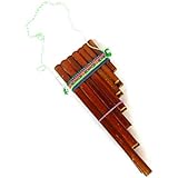 Handmade Peruvian Natural Wooden Bamboo Pan Flute Pipe with Multicolored Tribal Print Woven Cotton Strap Woodwind Musical Instrument (Large)