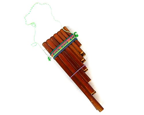 Handmade Peruvian Natural Wooden Bamboo Pan Flute Pipe with Multicolored Tribal Print Woven Cotton Strap Woodwind Musical Instrument (Large) - Thumbnail 3