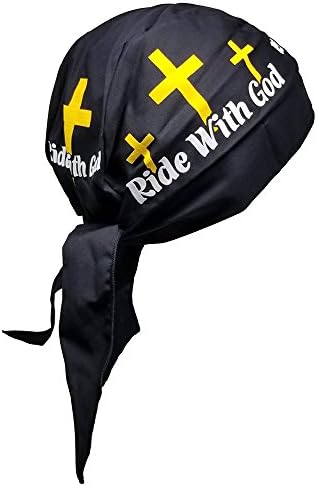Buy Caps and HatsChristian Doo-Rag with Sweatband Motorcycle Skull Cap Bikers Do-Bandana (Ride with God Yellow Cross)