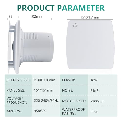Bathroom Extractor Fan, 4"/100mm High Airflow Silent Bathroom Fan with Timer Overrun Delay Function for Bathroom Toilet Shower Wall Mount (White)