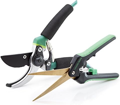 Garden Pruning Shears and Snips Set – 8.5" Carbon Steel Bypass Hand Pruner &amp; 7" Titanium Coated Stainless Steel Straight Tip Trimming Scissors + Protective Gloves. Perfect Tools Set For Gardening.