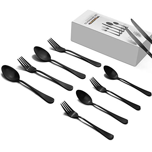 Matte Black Silverware Set 40 Piece, Stainless Steel Black Flatware Set Service for 8, Black Utensils Cutlery Set Including Knife Spoon Forks, Gift Packaging for Weddings, Housewarming - Thumbnail 6