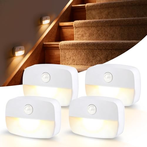 Warm White Motion Sensor Night Light (4 Pack), Battery Operated Stick-On LED Lights with Auto On/Off, Wireless Indoor Sensor Lamps for Stairs, Hallway, Bathroom, Closet, Kitchen, Children's Room