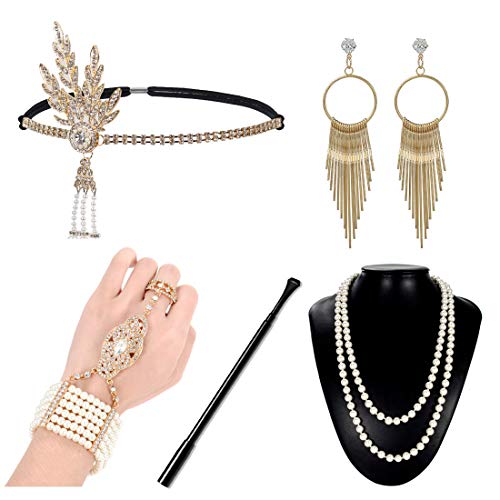 FAXBOX 1920s Flapper Accessories Gatsby Costume Set 20s Headband Gloves Cigar Holder Necklace for Women Prom Parties, Style 2, One Size - Thumbnail 6