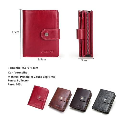 CONTACTS Carteira de Couro Legítimo Feminina com Porta-Cartões (11 Slots), Porta-Foto, Porta-Moedas, Compartimento para Cédulas e Recibos, Leve e Proteção RFID – Cor Vermelho