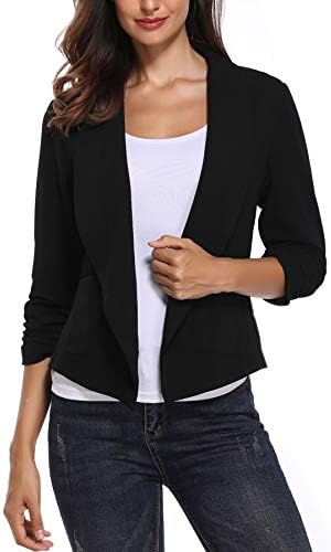 Anienaya Women's Notched Lapel Blazer 3/4 Ruched Sleeves Jacket Open Front Cardigan