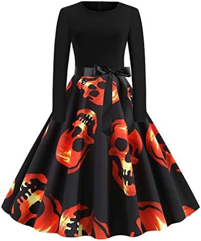 Kanpola 2020 Vintage O Neck Long Sleeve Halloween Costume Adult Printed Evening Party Prom Womens Fancy Dress Costumes