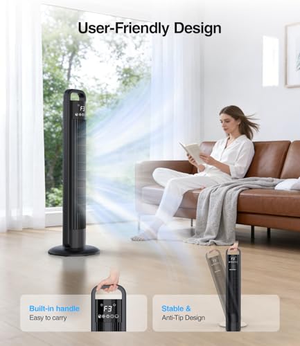 Ventilatore a Torre 91cm, Ventilatore a Piantana con 4 Velocità, Oscillazione 70°, Timer 1-12h, Telecomando 5m, Silenzioso (<60dB), LED Touch, Simula Vento Naturale – per Camera, Soggiorno, Ufficio