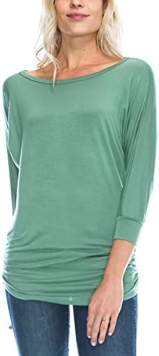 ellahebe Womens Boat Neck Dolman Top 3/4 Sleeve Side Shirring - Made in USA sage x-large