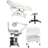 Buy-Rite Silver Skin Care Spa Package 10-in-1 Machine Bed Stool Cart | Padded Hydraulic Bed, Cushioned Rolling Stool, Utility Cart Storage, Supports Facials Cleansing Exfoliation Hydration