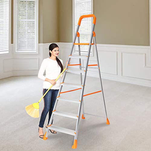 Happer Premium Foldable Aluminium Step Ladder, Clamber Pro, 7 Steps (Orange & Satin) Happer Premium Foldable Aluminium Step Ladder, Clamber Pro, 7 Steps (Orange & Satin)