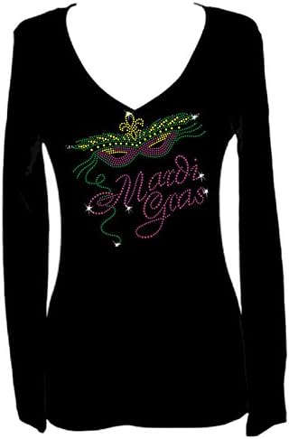 Mardi Gras Rhinestone Party New Orleans V Neck Long Sleeve Tee Shirt (1X)