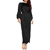 StarDY Women's Plain Satin Abaya Dress Round Collar Balloon Sleeve Wrap Waist Slit Maxi Dress Middle Eastern Muslim Gown