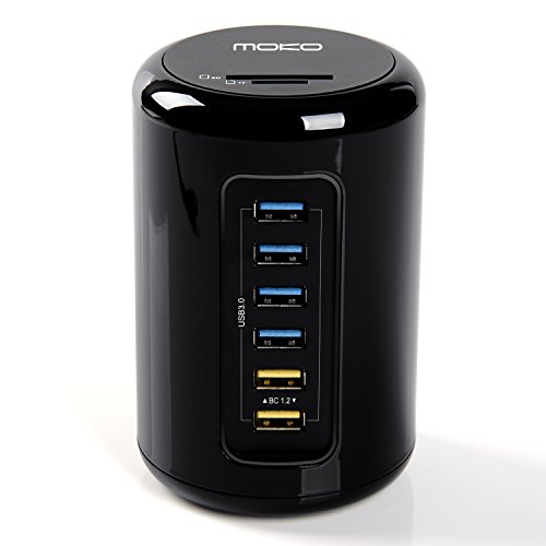 MoKo 6-Port High-speed USB 3.0 Hub [4 Universal + 2 BC 1.2 Charging Ports] with SD / TF Card Reader & Power Adapter (Suit for American Standard plug), BLACK