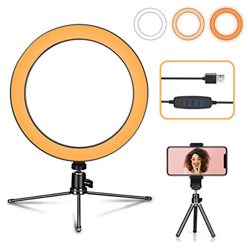 Ring Light 10" with Tripod Stand & Phone Holder for Live Streaming & YouTube Video, Dimmable Desktop LED Makeup Ring Light for Studio, Photography with 3 Light Modes & 10 Brightness Level