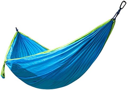 XiYoYo Child Size Nylon Parachute Fabric Camping Hammock 570lbs Capacity with 2 Straps and Enhanced Carabiners Portable Lightweight Compact Perfect for Outdoor, Beach, Backyard, Hiking (Green/Blue)