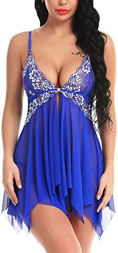 Mathea Women's Babydoll Lingerie Floral Lace Chemise V Neck Open Front Sleepwear