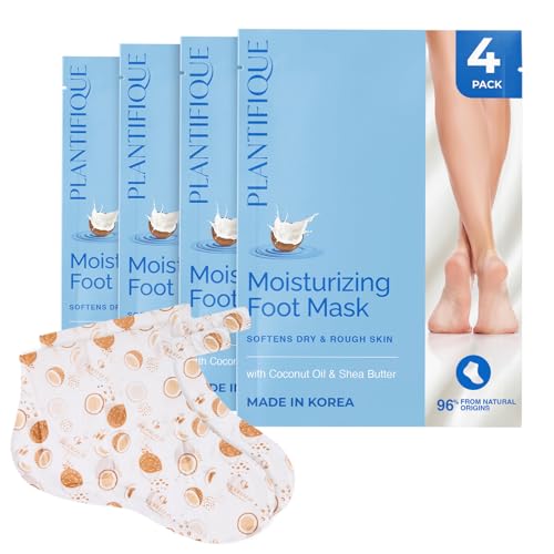 Plantifique Hydrating Foot Mask Socks – 4 Pairs with Shea Butter for Soft Heels, Deep Moisturizing & Repairing Dry, Rough Skin – Korean Skincare & Foot Care Gift