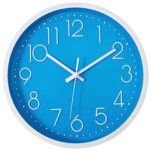 Foxtop Blue Wall Clock 12 inch Silent Non-Ticking Quartz Round Battery Operated Wall Clock Modern Simple Style for Living Room Bedroom Home Office School Decor