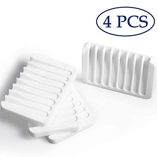 Blasoul Silicone Soap Dish Soap Holder 4PCS White Soap Dish Holder Bathtub Tray Stand Saver Tray Case Rubber Drainer Dishes for Bar Soap Sponge Scrubber Shower Bathroom Kitchen Sink Anti-Slip Design