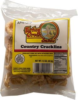 Turkey Creek - America’s Best Fried Pork Skins, offers Turkey Creek Country Cracklins. These Pork Skin Chips (Chicharrones) are packed in 12 / 1.5 oz bags.