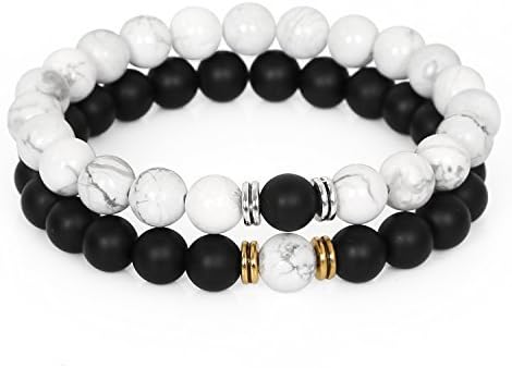 LOLOJ Yinyang Matte Agate & White Howlite 8mm Beads His and Hers Distance Couple Bracelet (2pcs)