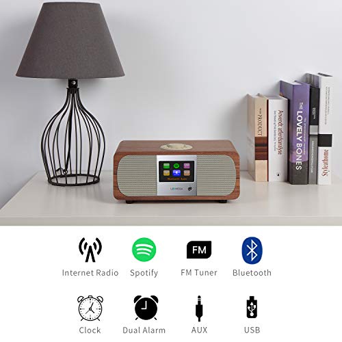 LEMEGA M3+ Smart Music System with Wireless Internet Radio, FM Radio, Bluetooth, Spotify, WIFI, 2.1 Channel Stereo Speaker, USB MP3, Headphone-out, AUX-in, Alarms, Clocks,App & Remote Control (Walnut)