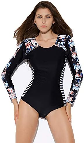 入り ワンピース水着 女性長袖花柄ワンピーススポーツサーフィン水着夏のビーチウェアモノキニ水着日焼け止めラッシュガード水着ウェットスーツ 色 卓抜 サイズ M ブラック