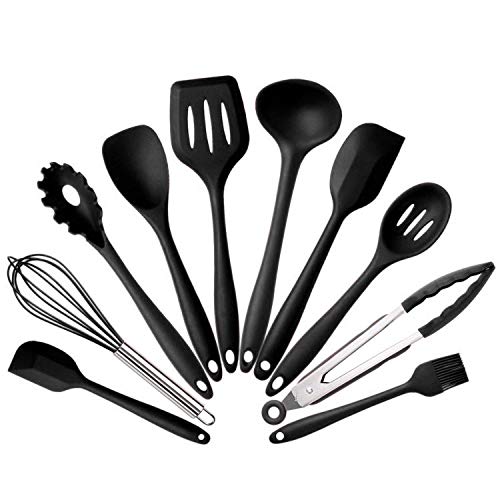 10Pcs/set Silicone Heat Resistant Kitchen Cooking Utensils Spatula Non-Stick Baking Tool Tongs Ladle Gadget By BonBon (black)
