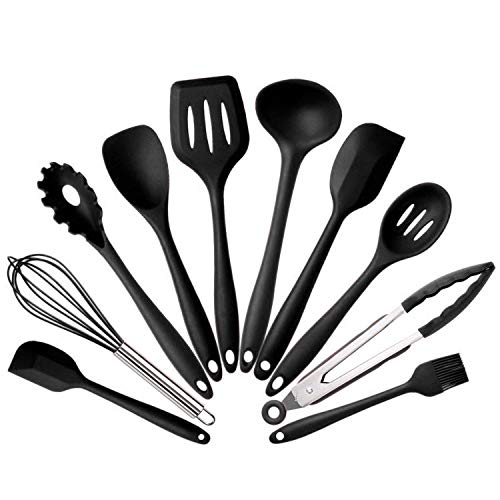 10Pcs/set Silicone Heat Resistant Kitchen Cooking Utensils spatula Non-Stick Baking Tool tongs ladle gadget by BonBon (black)