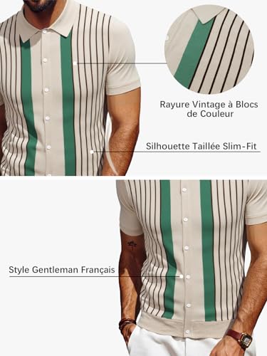 Les umes Polo Men Striped Retro Short Sleeve Cardigan Cotton Summer Golf Casual