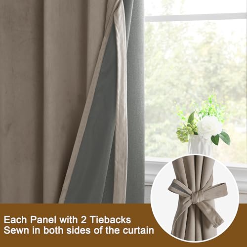 DWCN Set Of 2 Taupe Velvet Curtains with Eyelets H245XB140cm with Ties for Curtains, Velvet Blackout Curtains for Bedroom Living Room, Wonderfully Soft Velvet Curtains