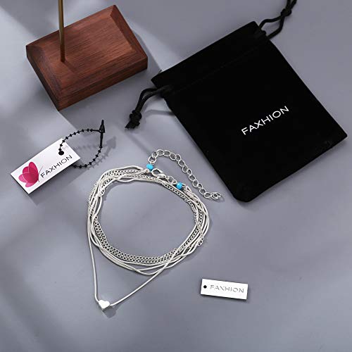 image for FAXHION Love Heart Layered Cute Anklets - Silver Anklets for Women 