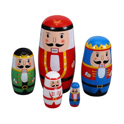Milisten Wooden Nutcracker Russian Nesting Dolls Pastel Christmas Decorations Natural Wood Matryoshka Dolls with Bright Nutcracker Patterns Safe Rounded Edges for Holiday Home Display Gift