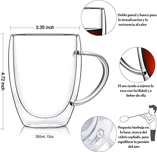 Taza para Cafe Doble pared Vidrio 350 ml (4 Piezas),Tazas para Cafe Espresso con Asa,Vasos pared Vidrio Transparentes para Capuchino,Café Expreso,Té,Ideales para Regalo