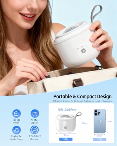 JeaTone Ultrasonic Retainer Cleaner, 48kHz Ultrasonic Cleaner Portable Cordless 200ML Retainer Cleaner | Dental Cleaning Pod for Deep Cleaning Night Guard, Tooth Splint, Braces, Mouth Guard, Jewelry