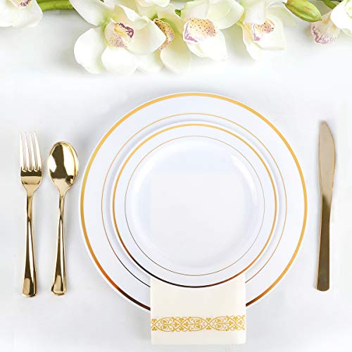 image for 350 Piece M MCIRCO Gold Dinnerware Set - 100 Gold Rim Plastic Plates -
