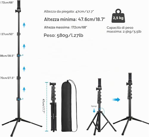Victiv Smartphone Tripod Aluminium 172 cm, Smartphone Kickstand with Remote Control and Mobile Phone Holder, Selfie Stick Tripod Compatible with iPhone 17/16/15/14/13/12 Pro Max