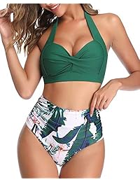 Tempt Me Women Vintage Swimsuit Two Piece Retro Halter Bikini de cintura alta con pliegues