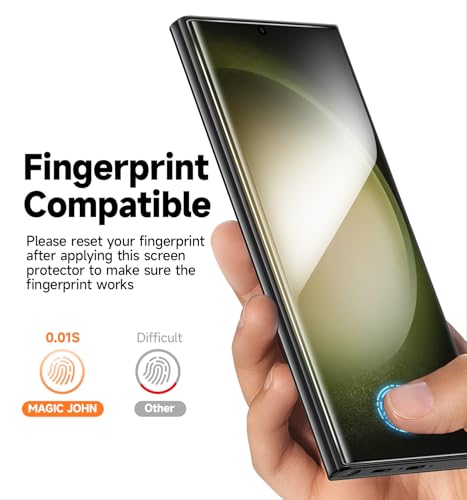 MAGIC JOHN 2 Pack for Samsung Galaxy S23 Ultra Screen Protector [PET Film Material Not Glass] 6.8 inch,[100% Fingerprint ID Compatible] Easy Installation Tray, Shock-Resistant, 3D Curved, Bubble Free, Scratch Proof, HD Clear, Case Friendly