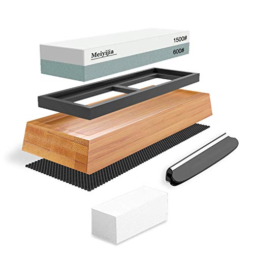 Meiyijia - Sharpening Stone, Premium Whetstone Waterstone Knife Sharpener Kit, Non-Slip Bamboo Base,2 Side Grit