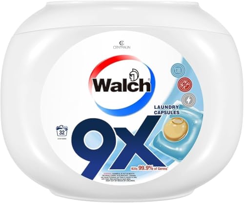 Centralin Walch 9X Antibacterial Laundry Detergent Capsules, German Formulated Plant-Based Ingredients with 9X Cleaning Power, Kill 99.9% Germs and Anti Dust Mites, 32 Pods