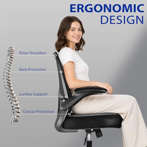 Durrafy Ergonomic Office Chair, Mesh Desk Chair with Adjustable Lumbar Support & Flip-Up Arms, Height Adjustable Swivel for Home Office, Mid Back with Castors, Black