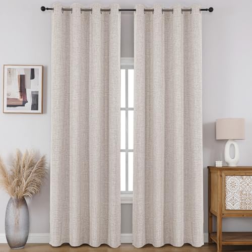 CUCRAF 100% Total Blackout Curtains 108 Length for Window Treatment,Faux Linen Thermal Insulated Grommet Drapes for Bedroom/Living Room,Set of 2 Curtain Panels(Off White, 52 x 108 inches)