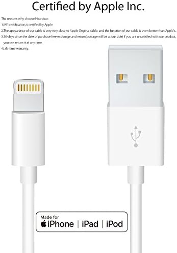 Heardear Lightning to USB Cable Apple iPhone/iPad charging/charger Cord/Line [Apple MFi Certified]for iPhone X/8/7/SE/6s/6/plus/5s/5c,iPad Pro/Air/Mini,iPod touch,Nano(3.33ft) (White, 2-Pack)
