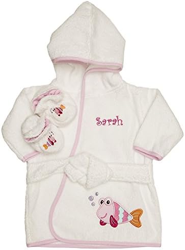 Personalized Monogrammed Pink Fish Terry Hooded Bath Robe & Slipper Set Sz 0-9 Mo