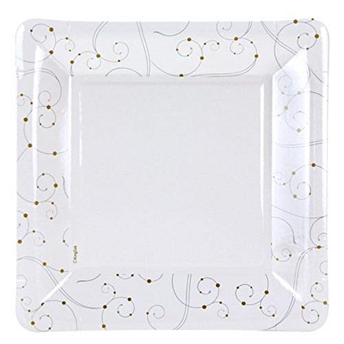 Hanna K. Signature Collection 92094 12 Count "Swirls and Pearls" Square Paper Plate, 9-Inch, Silver/Gold/White